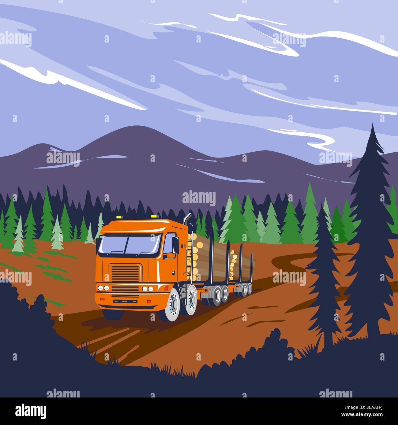 Art d'affiche WPA d'un camion forestier transportant des grumes avec la forêt et les montagnes fait dans l'administration de projet de travaux ou le style de projet d'art fédéral. Illustration de Vecteur