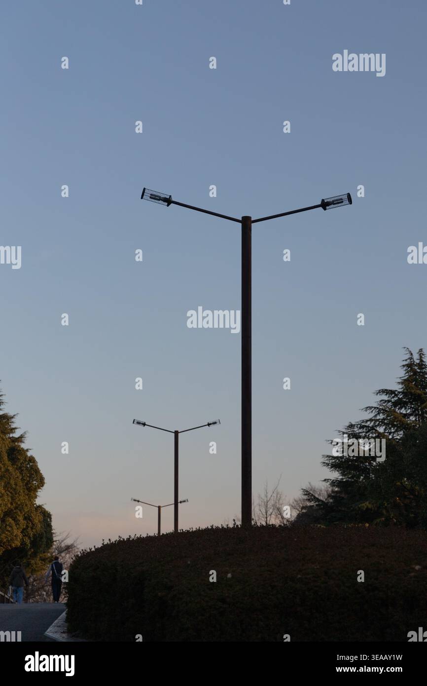 Élégants lampadaires à deux bras dessinés sur un ciel bleu-gris doux au Japon. Composition graphique minimaliste avec des lampes reculées créant profondeur et rythme. Banque D'Images