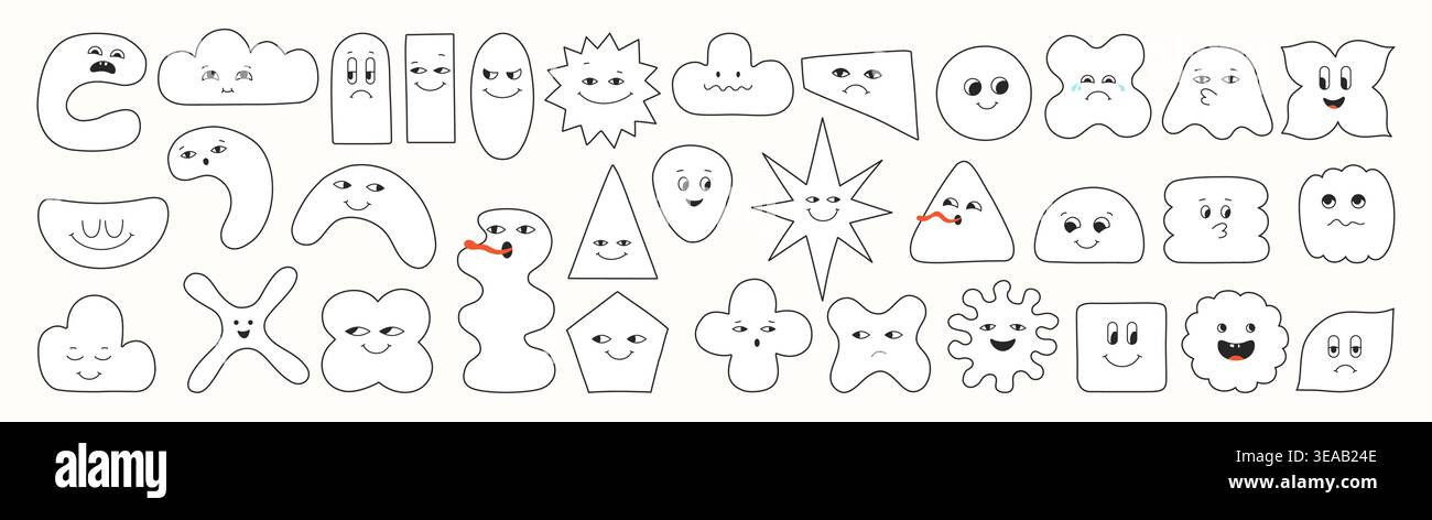 Les personnages géométriques abstraits définissent de jolies formes de doodle blob et des visages comiques expressifs. Figurines de ligne ludiques avec des yeux émotions formes excentriques. Géométrie de bande dessinée moderne amusante avec des éléments de visage heureux souriant Illustration de Vecteur