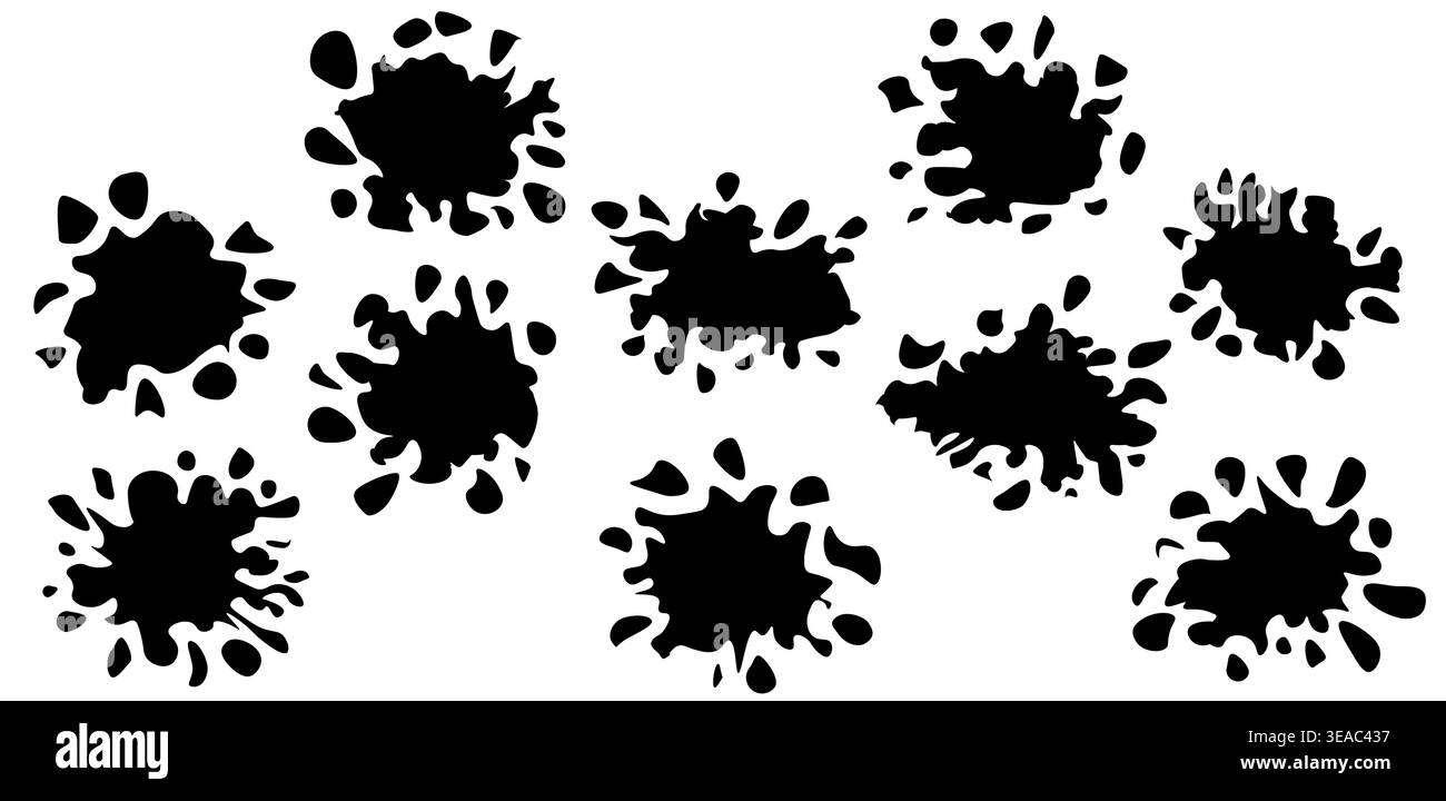 Grande collection d'éclaboussures d'encre noire, de gouttes de peinture et de blobs liquides. Ensemble de silhouettes de taches grunge sur blanc. Illustration vectorielle. Illustration de Vecteur