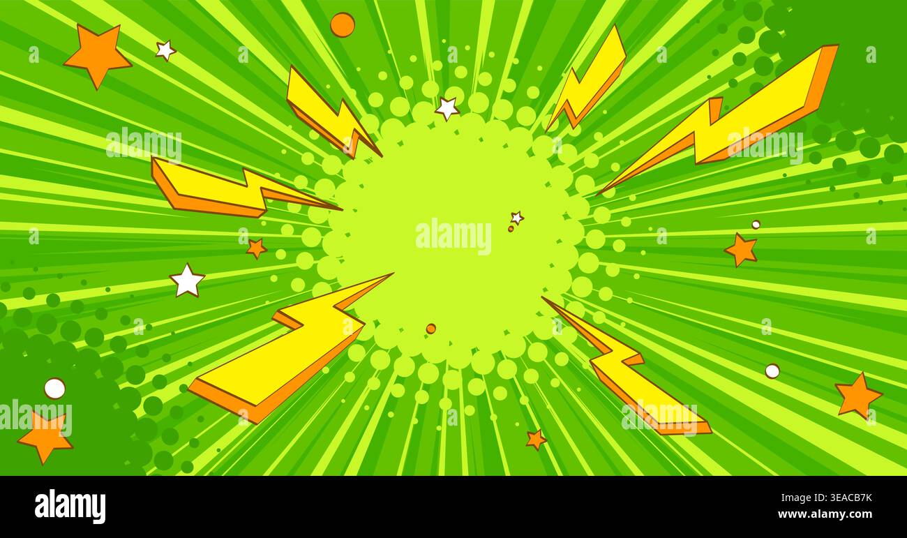 Fond de soleil comique vert avec des éclairs jaunes et des étoiles - texture de rayons radiaux rétro pop art. Motif d'explosion de dessin animé dans des couleurs vives, points demi-teintes sur la composition dynamique en rafale. Illustration de Vecteur
