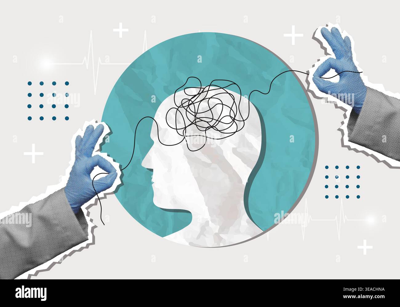 Concept de santé mentale avec fil enchevêtré et silhouette Banque D'Images