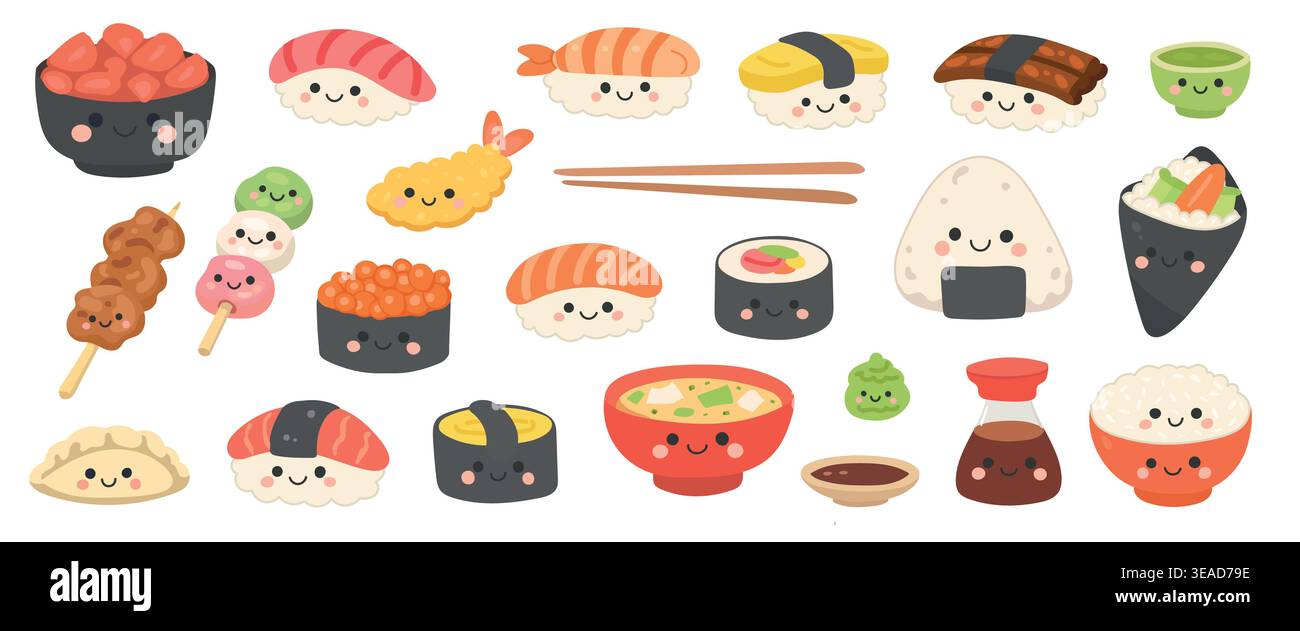 Nourriture sushi japonais pour illustration vectorielle japon et restaurant asiatique isolé. Icône de menu de dessin animé pour la nourriture de poisson design et repas de cuisine Nourriture Illustration de Vecteur