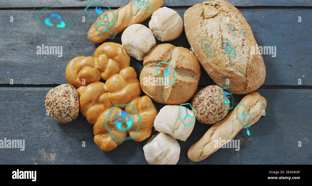 Affichage de challah, baguette, pains ensemencés et entaillés sur le comptoir de boulangerie avec des superpositions hexagonales cyan Banque D'Images