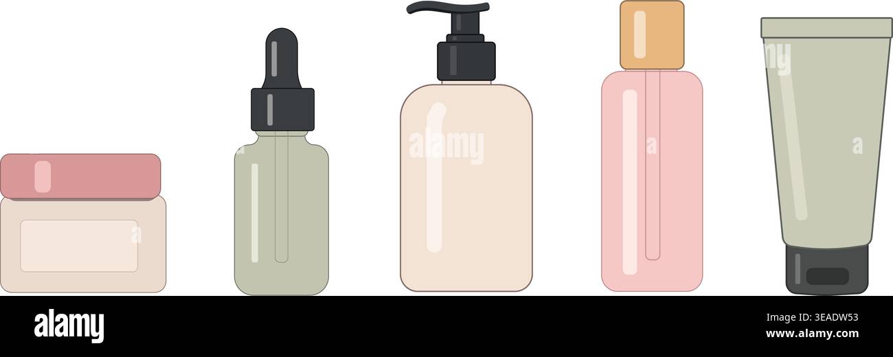 Ensemble de contenants cosmétiques – divers flacons, pots et tubes de soins de la peau Illustration de Vecteur
