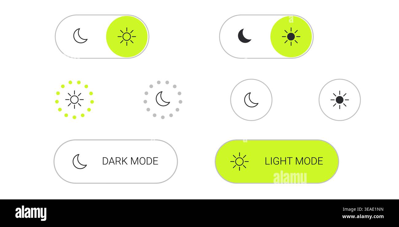 Les éléments d'interface utilisateur de commutation de mode nuit et de mode lumière de style Y2K avec un minimum d'icônes de boutons à bascule et une disposition propre Illustration de Vecteur