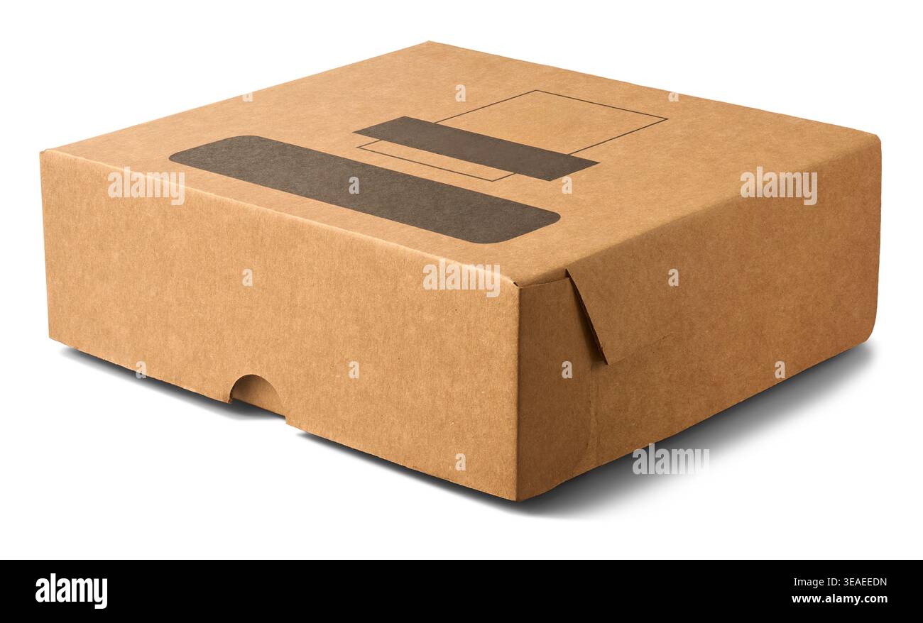 boîte à gâteau en carton brun carré vierge fermée fond blanc isolé, graphiques noirs sur le dessus de l'emballage de livraison, modèle de maquette de vue latérale Banque D'Images