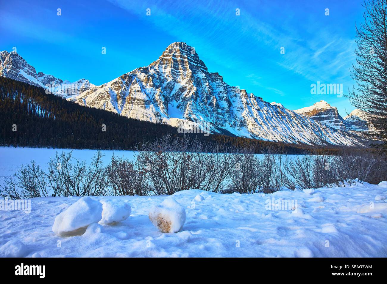 Paysage de montagne enneigée avec lac gelé et forêt d'hiver à Banff Banque D'Images