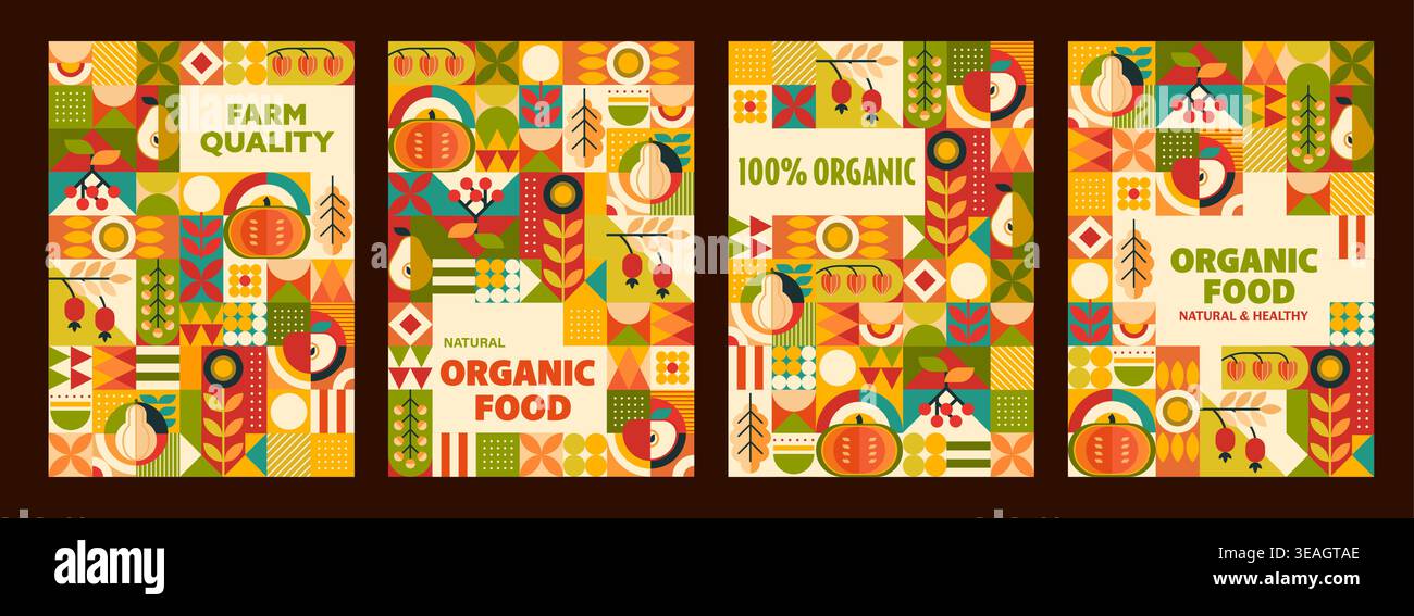Affiches de marchés agricoles et alimentaires biologiques, motifs géométriques de fruits et légumes. Bannière plate avec pomme, citrouille, rose musquée et poire disposées en grille vibrante. Affiches vectorielles pour le marché fermier Illustration de Vecteur