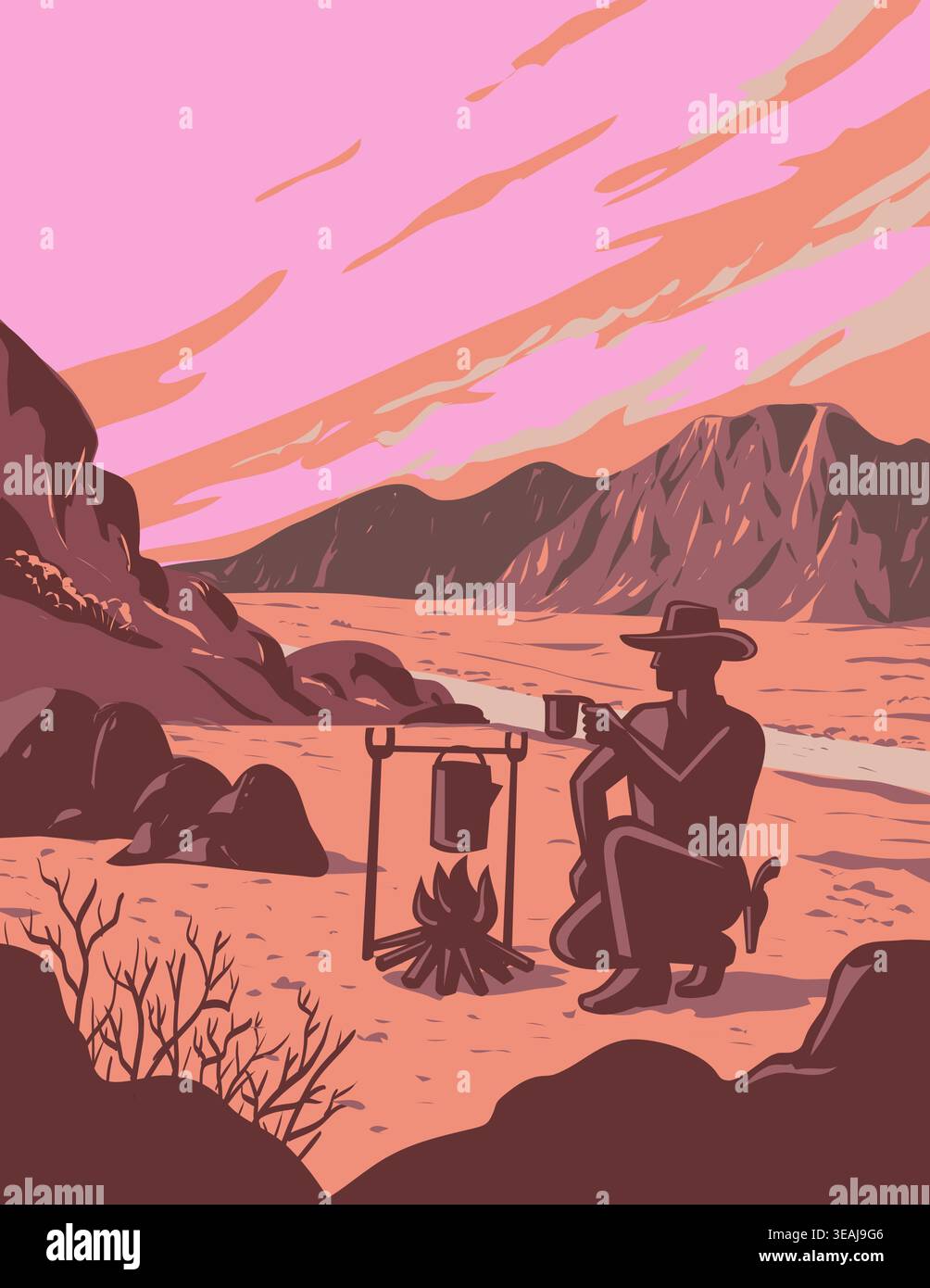 WPA affiche art d'un cow-boy par Campfire Red Rock Canyon National conservation Area dans le Nevada USA fait dans l'administration du projet de travaux. Illustration de Vecteur