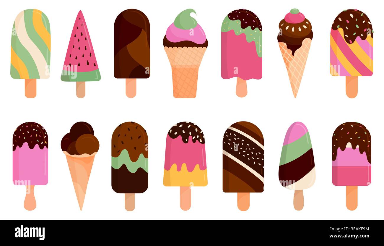 Collection de desserts de dessins animés à la crème glacée plate. Crème glacée vectorielle colorée. Dessert sucré d'été, gaufres en cornets, popsicles. Illustration de Vecteur