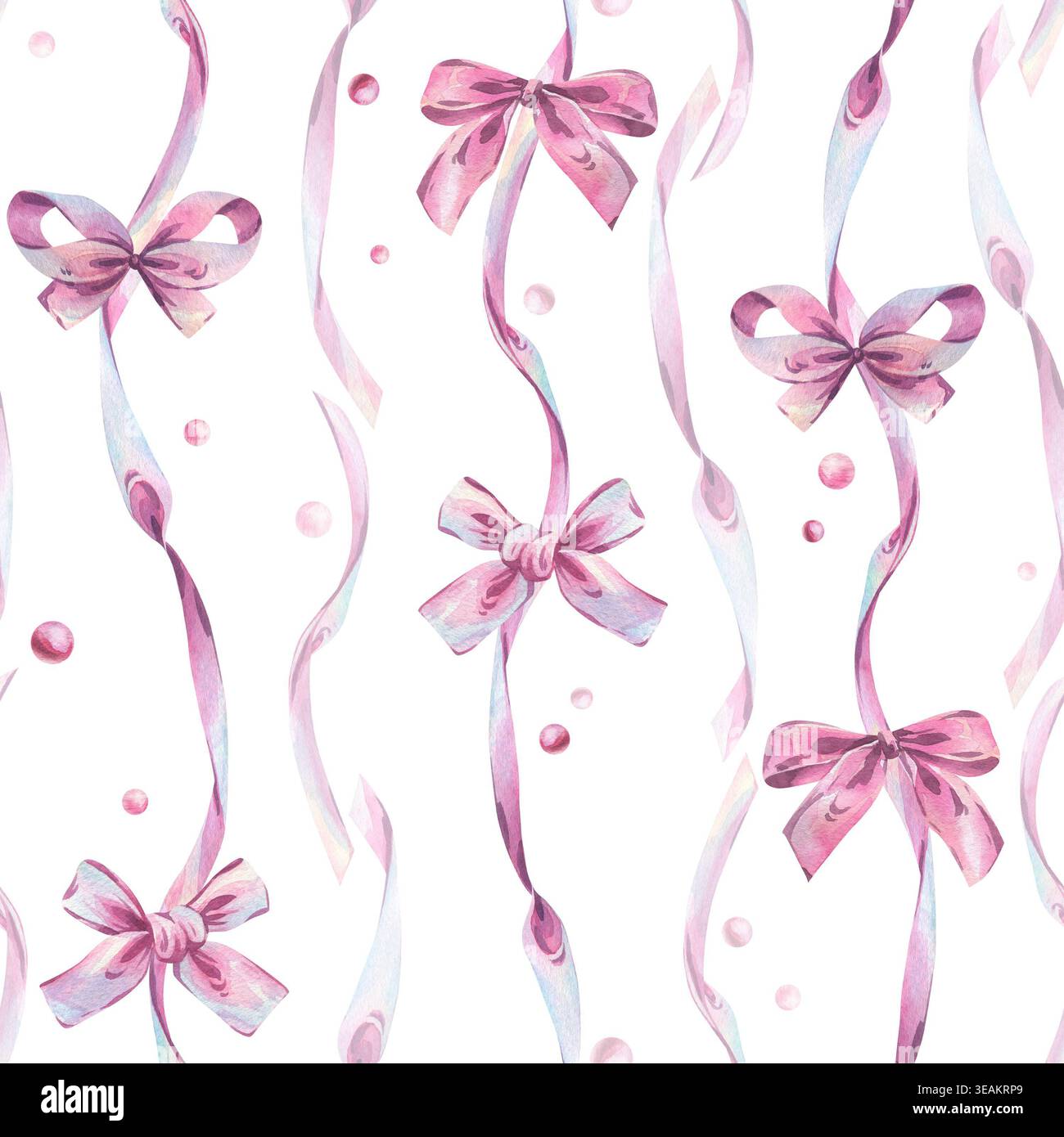 Motif aquarelle sans couture avec des noeuds et des rubans en soie rose. Jolie illustration décorative dessinée à la main avec des accessoires festifs pour l'emballage cadeau Banque D'Images