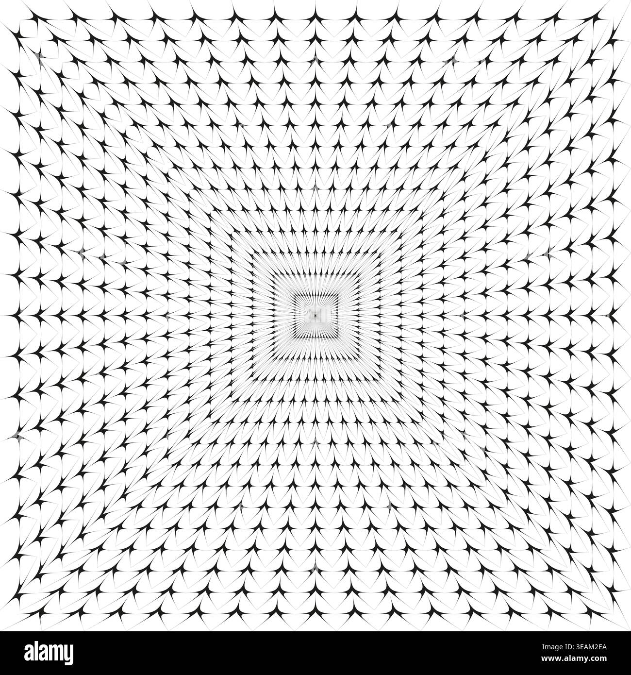 Un motif abstrait vectoriel dynamique présente une illusion d'optique monochrome. Les formes géométriques pointues convergent, créant une sensation captivante de profondeur. Illustration de Vecteur