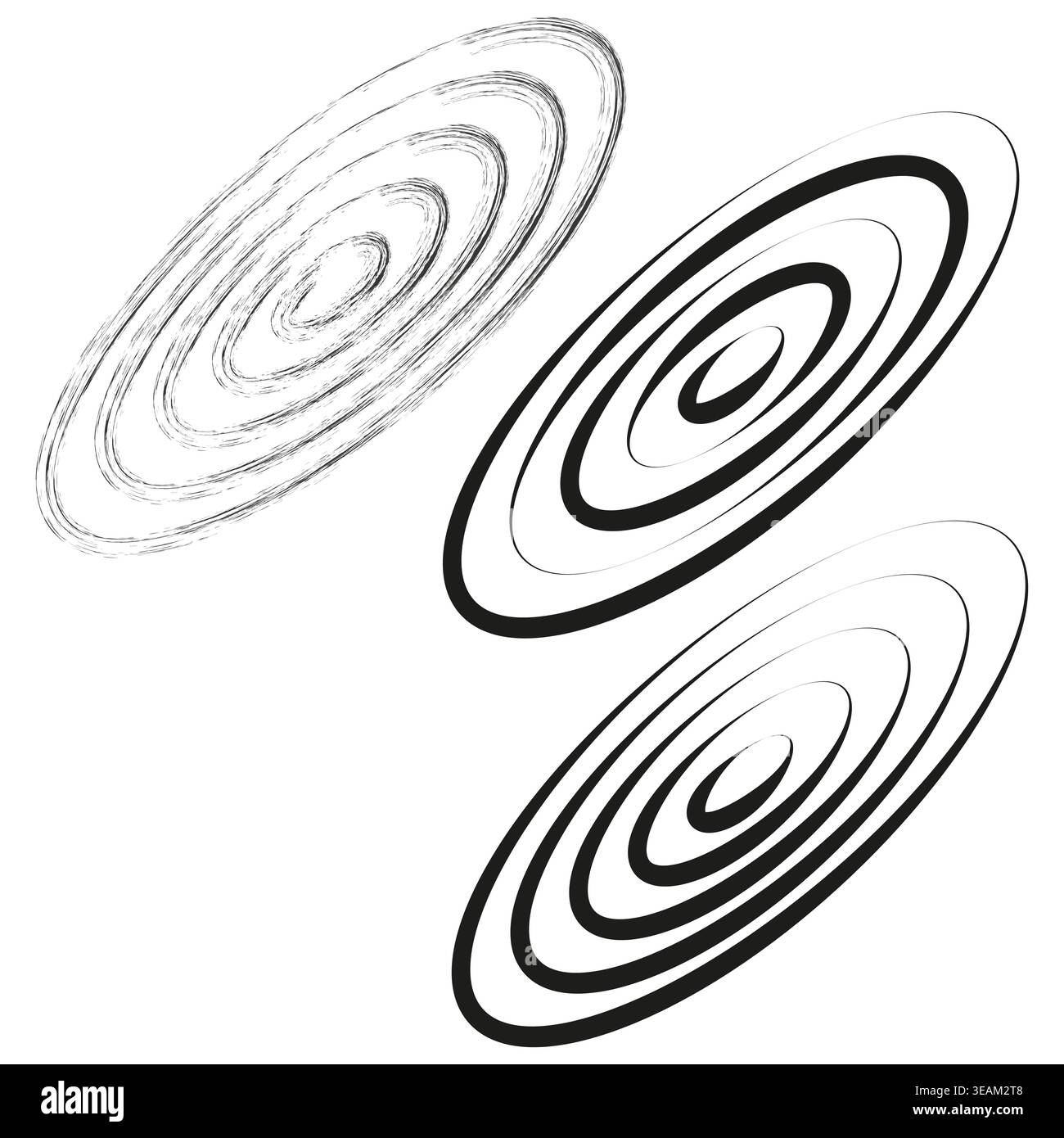 Ensemble vectoriel dynamique de trois formes elliptiques abstraites, avec des motifs grunge texturés et des lignes pleines, suggérant le mouvement ou les ondes sonores. Illustration de Vecteur