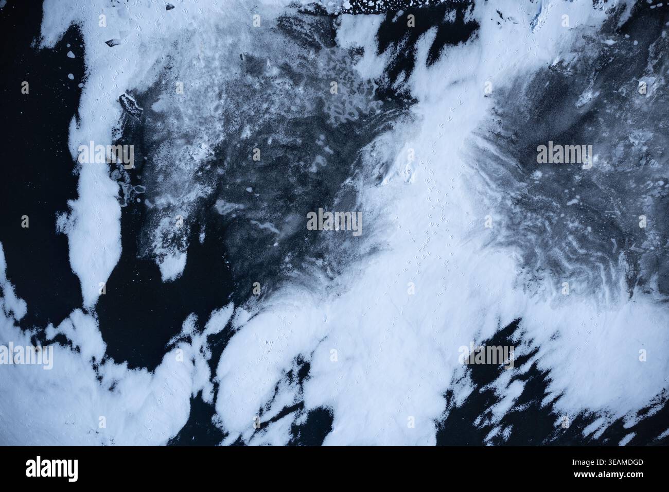 Vue de dessus abstraite des traces d'oiseaux sur la glace gelée et la neige. Texture hivernale minimaliste, tons bleus monochromes, motif graphique naturel. Concept de traces Banque D'Images