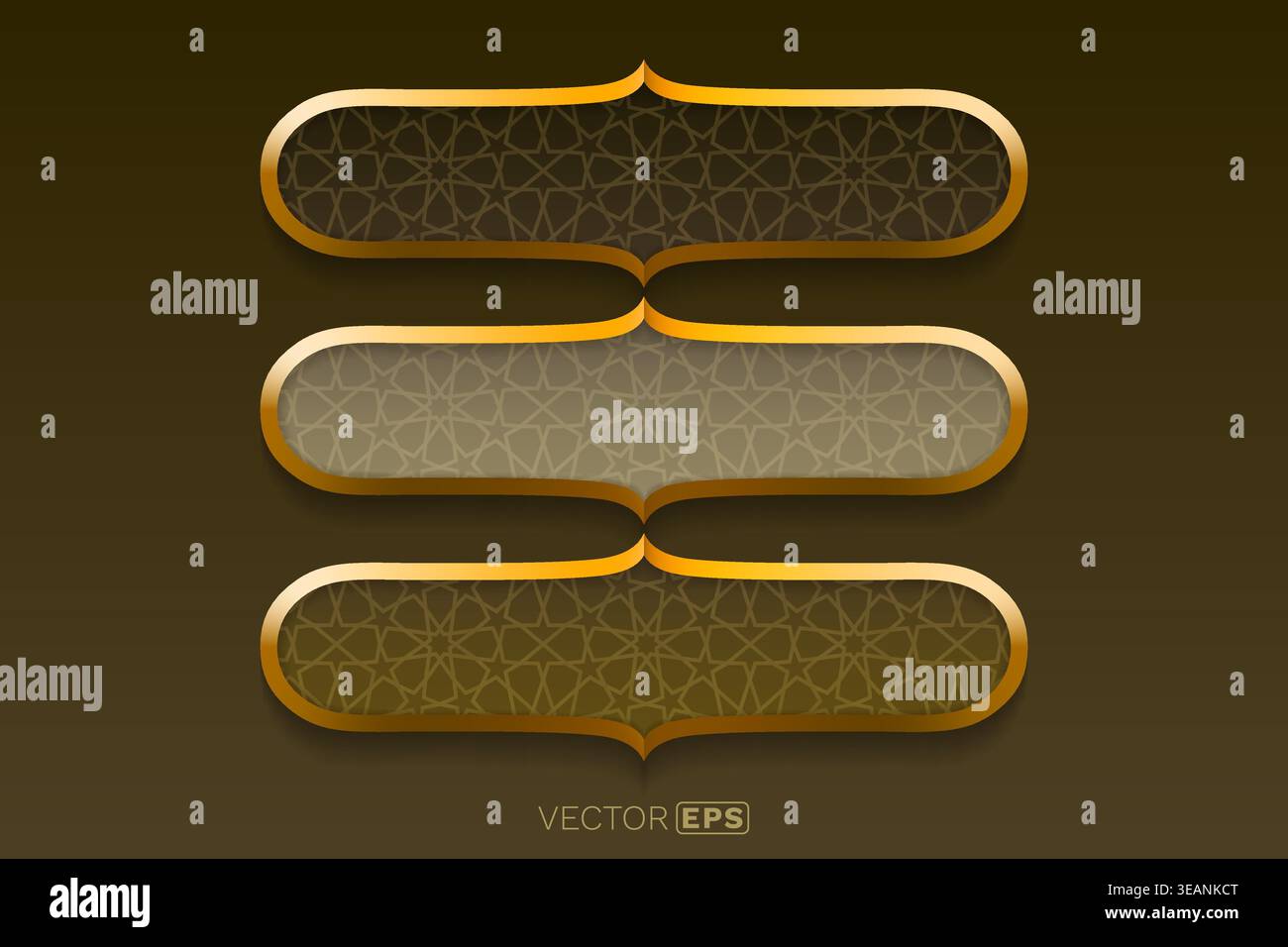 Élégantes bannières dorées avec motif géométrique islamique sur un fond marron, idéales pour un design luxueux. Illustration vectorielle. Illustration de Vecteur
