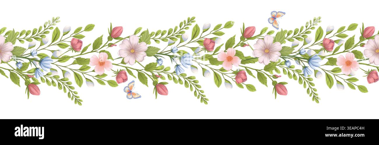 Un motif sans couture avec des fleurs roses et bleues, des feuilles vertes et des papillons rendus dans un style aquarelle délicat. Banque D'Images