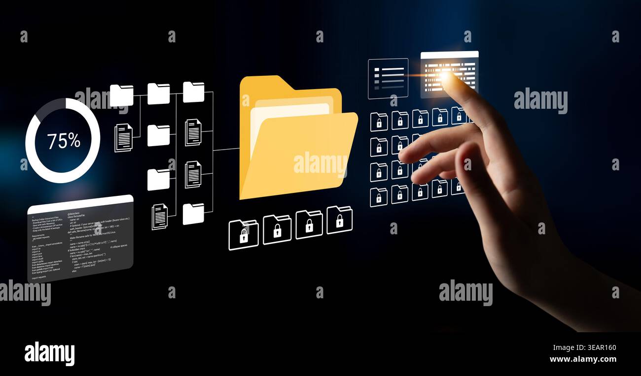 Une main interagit avec un système de gestion de fichiers numériques présentant des données graphiques et des interactions, mettant l'accent sur la technologie moderne et le numérique Banque D'Images