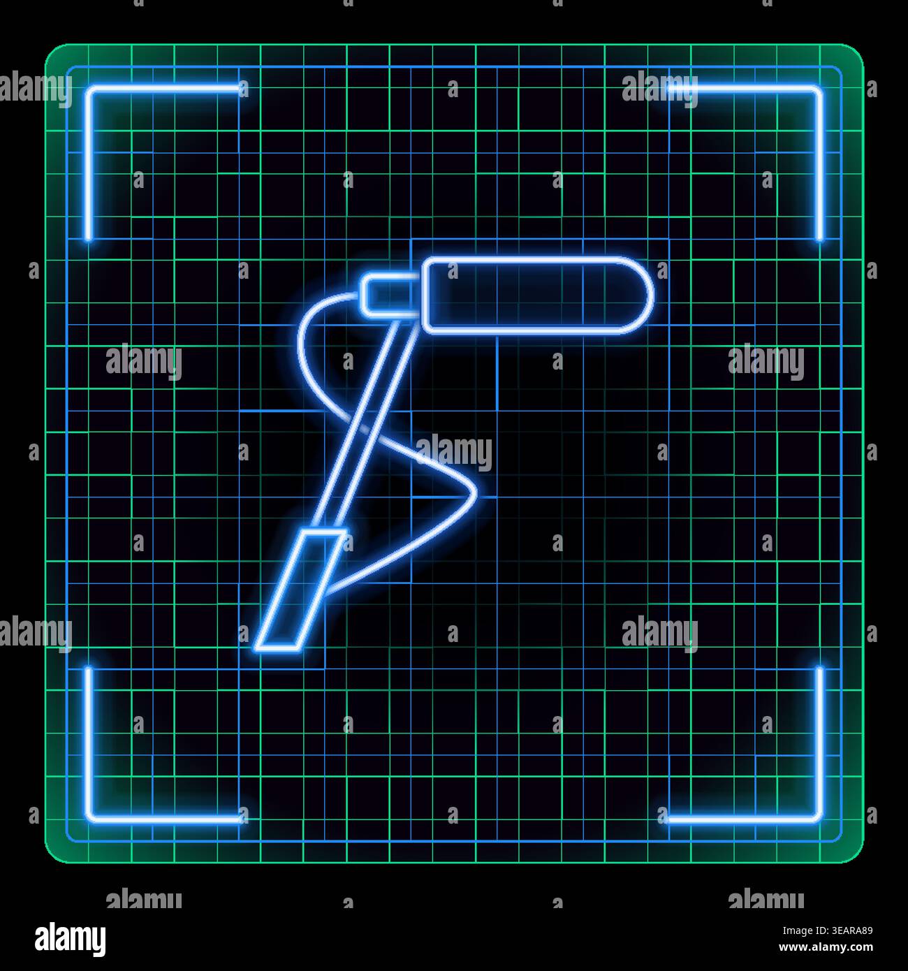 Icône du microphone de la perche du fusil de chasse. Enregistrement sonore directionnel avec poteau pour enregistrement audio vidéo et vidéo. Style graphique fluo-lumineux à traits modifiables. Illustration de Vecteur