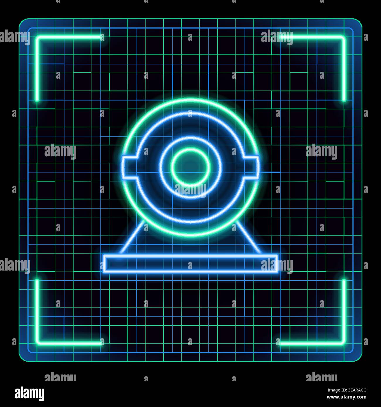 Icône de caméra Web, webcam de bureau, appels numériques. Icône de néon brillant avec vecteur de grille de bordure, style graphique de traits modifiable. Illustration de Vecteur