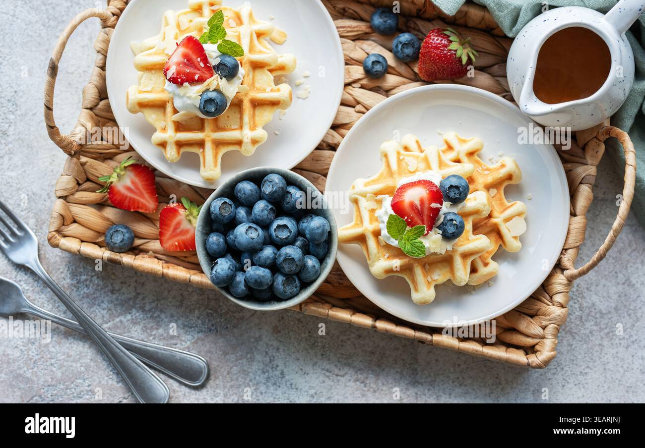 petit déjeuner, gaufres belges, petits déjeuners Banque D'Images