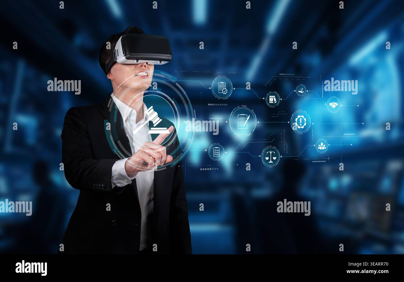Un professionnel des affaires s'engage avec la technologie de réalité virtuelle, améliorant la conformité et la formation réglementaire dans un espace de travail moderne, soulignant Banque D'Images