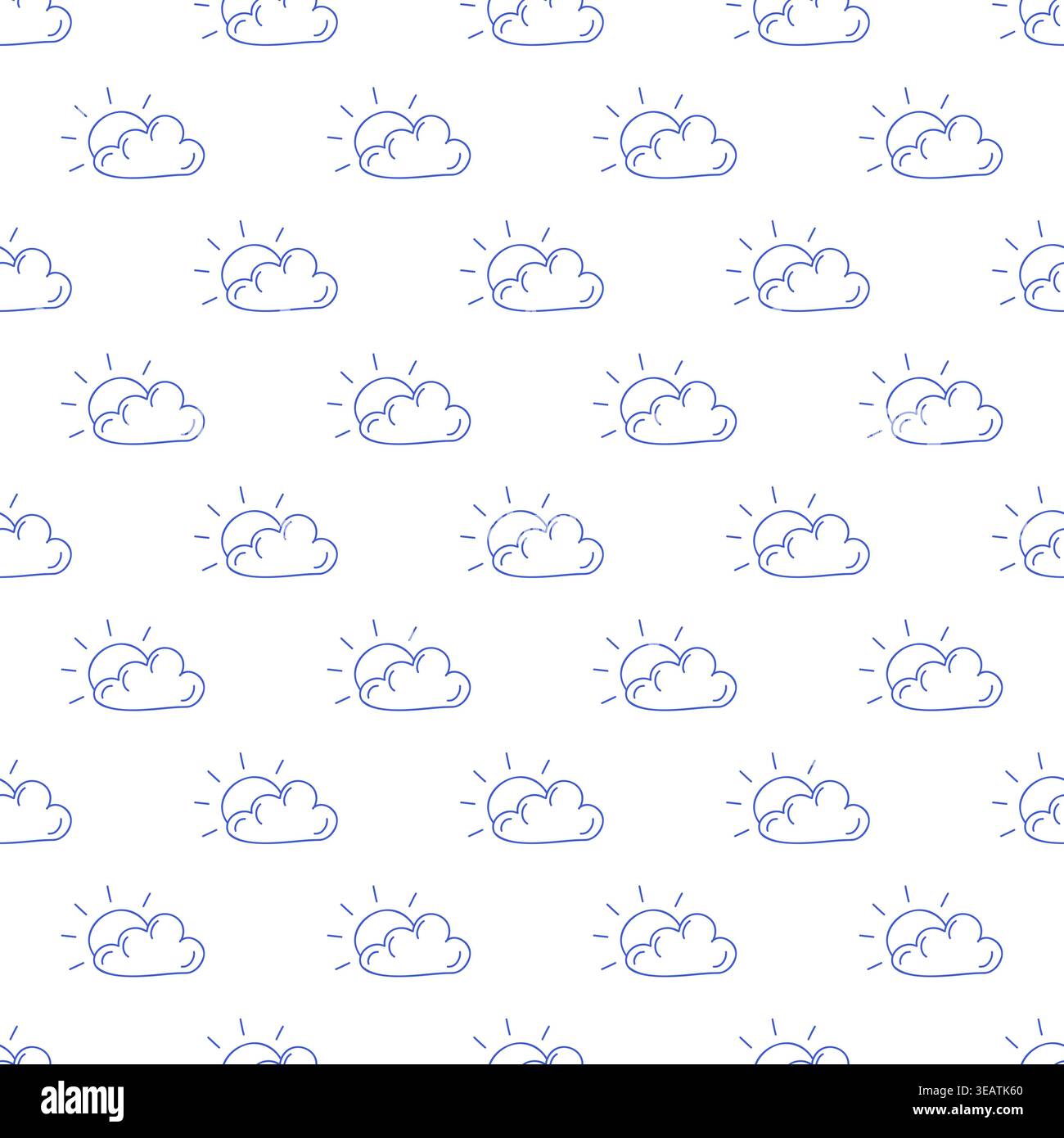 Modèle sans couture avec soleil et nuages dans le style de ligne bleue sur fond blanc. Imprimé météo contour. Illustration de Vecteur