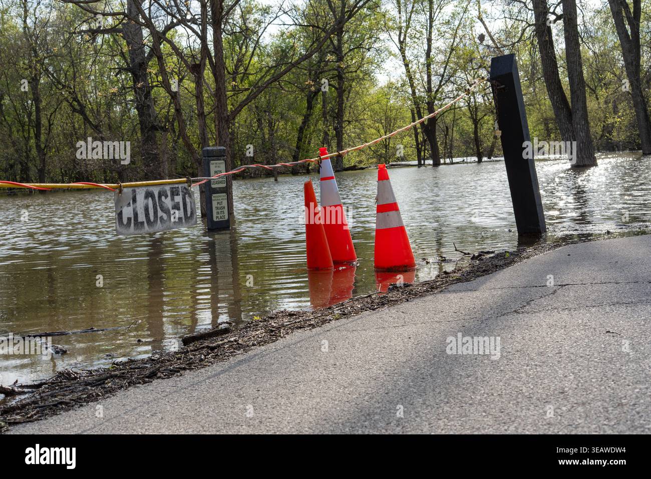 Le sentier du parc a été inondé après de fortes pluies avec un panneau fermé et des cônes orange indiquant l'accès restreint, l'eau couvrant le sol et les arbres à l'arrière Banque D'Images