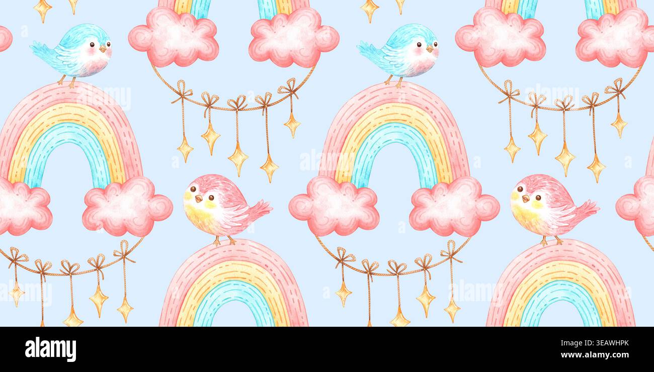 Arcs-en-ciel pastel, petits oiseaux assis sur des arcs, nuages roses doux et guirlandes d'étoiles suspendues sur un fond bleu, motif aquarelle sans couture. Mignon rêveur Banque D'Images