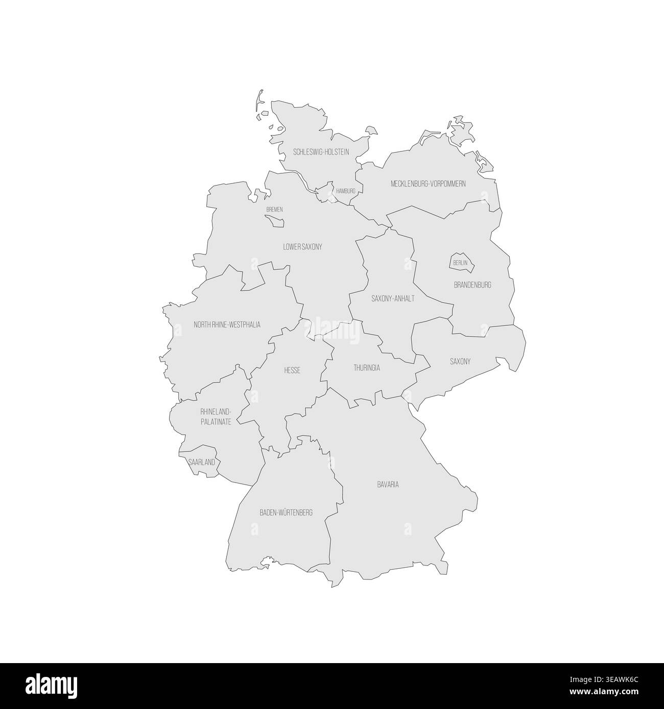 Allemagne carte politique des divisions administratives - états fédéraux. Carte grise avec contour noir fin et étiquettes. Illustration de Vecteur