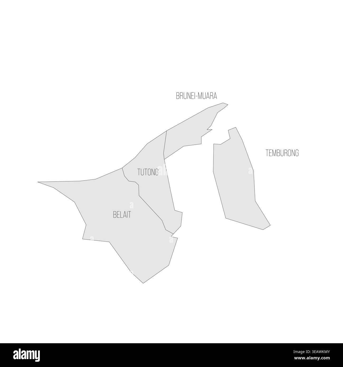 Brunei carte politique des divisions administratives - districts. Carte grise avec contour noir fin et étiquettes. Illustration de Vecteur
