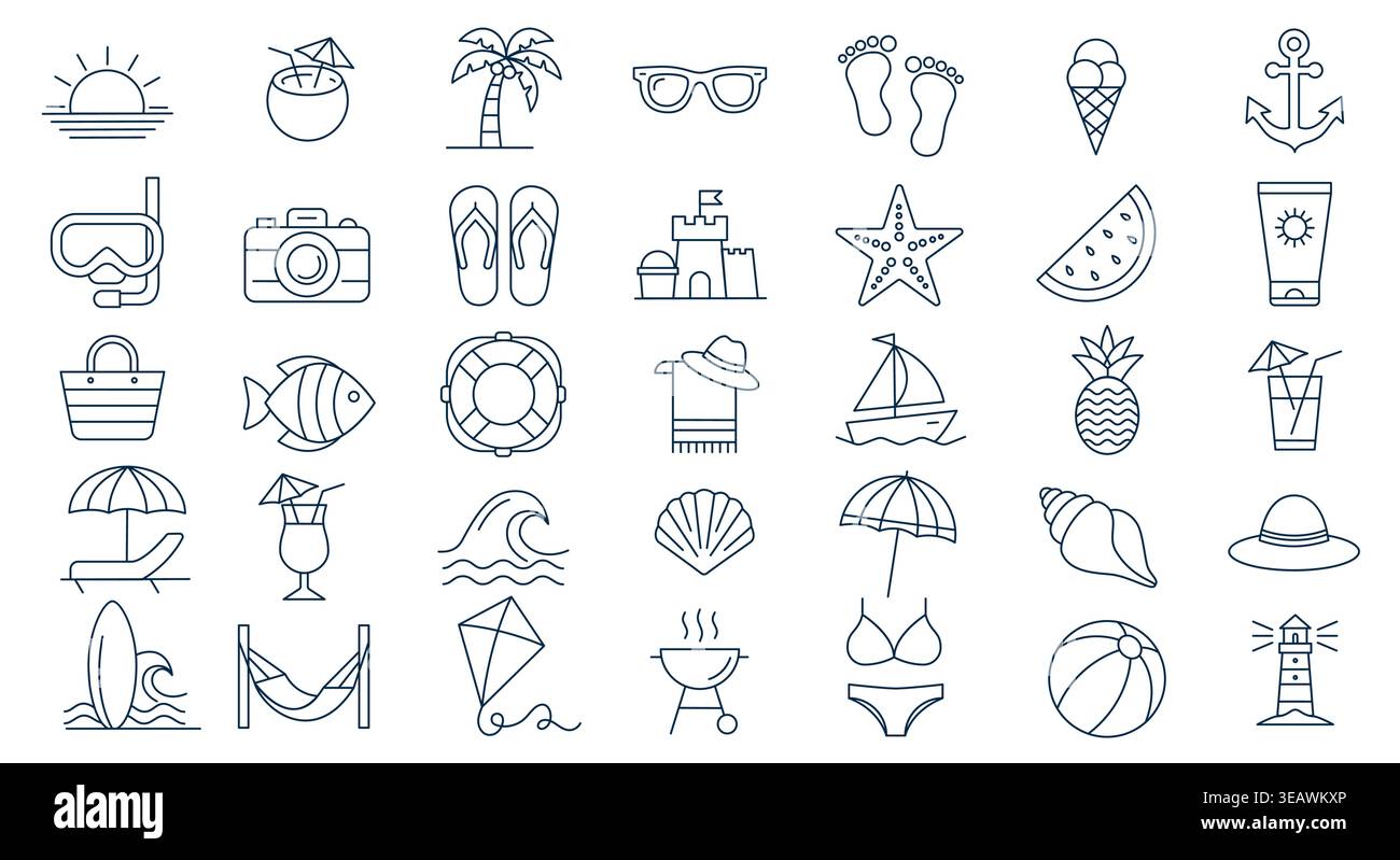 Ensemble d'icônes de ligne de vacances d'été et de plage. Illustration de Vecteur
