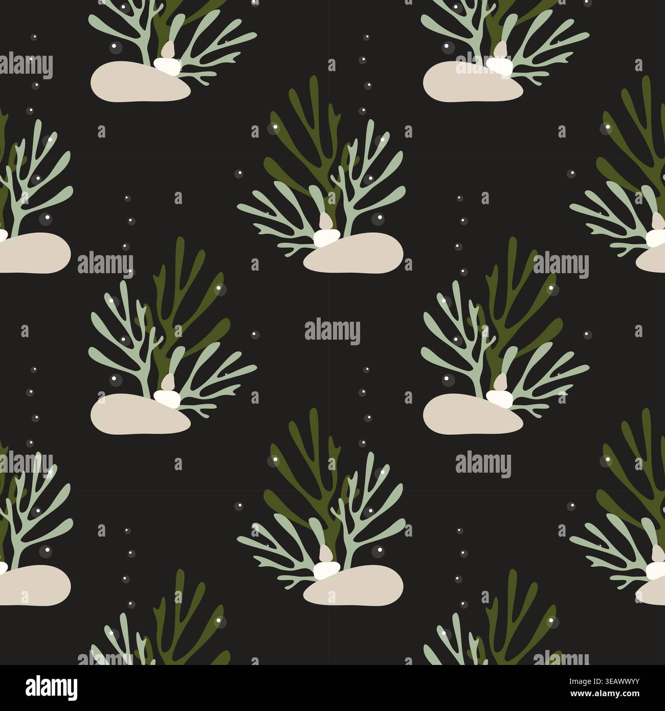 Motif sous-marin sans couture avec algues, coraux et pierres océaniques sur fond noir. Illustration de la vie marine dessinée à la main pour le tissu, le papier peint et n Illustration de Vecteur