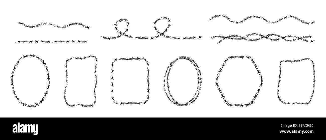 Bordure de silhouette de fil de fer barbelé, clôture. Fil à pointes avec des barbes tranchantes le long de son périmètre. Anneau torsadé y2k, tatouage de bordure ronde, cadre en acier texturé gothique,. Illustration vectorielle Illustration de Vecteur