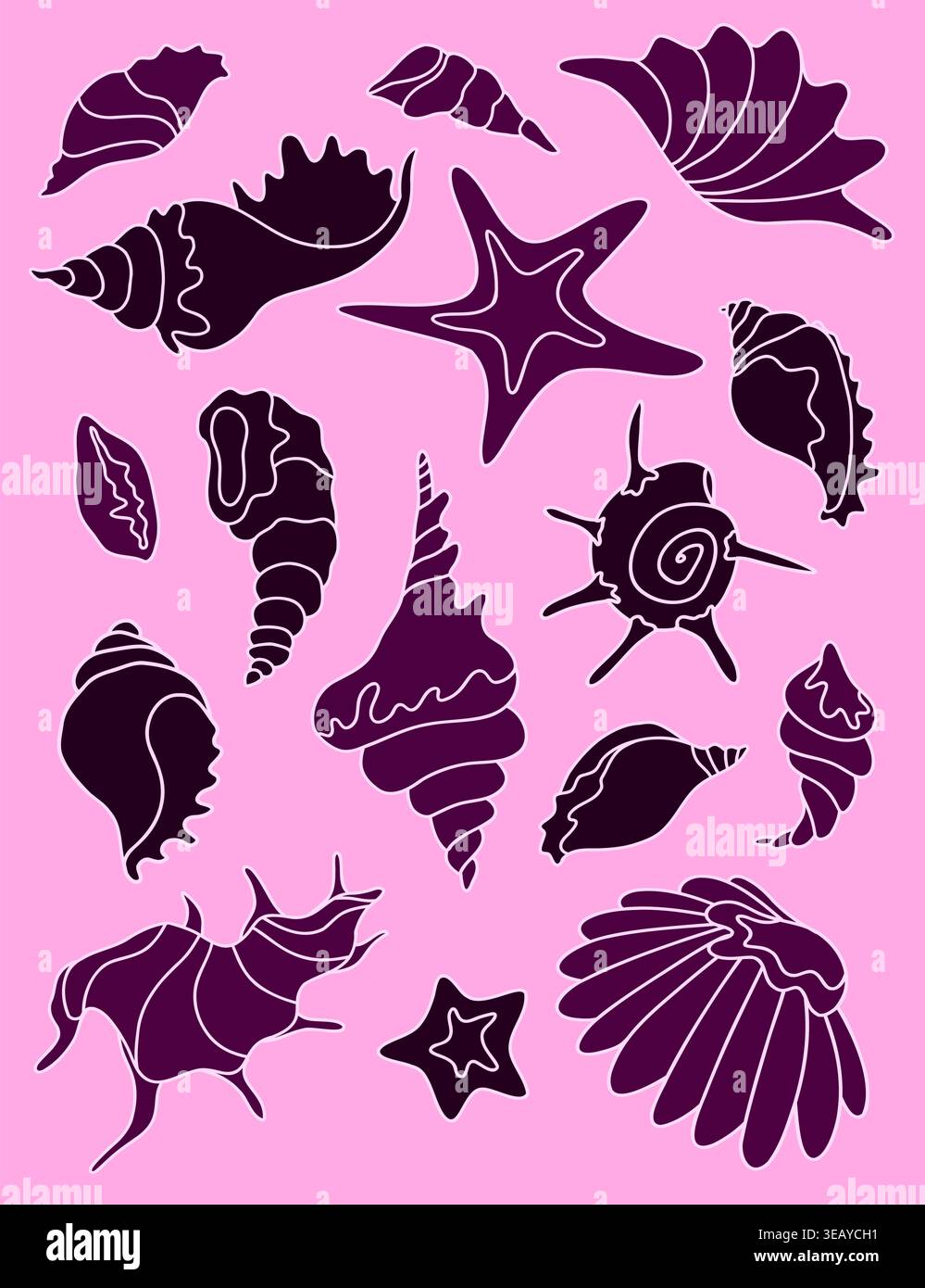 Coquilles marines sombres Silhouette sur vecteur rose Illustration de Vecteur