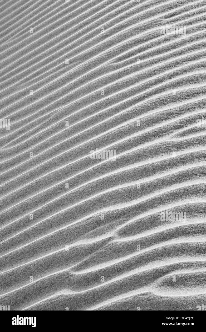 Motifs abstraits de dunes de sable dans le désert de Dubaï, Émirats arabes Unis, créant des textures naturelles et un fond de paysage minimaliste. Banque D'Images