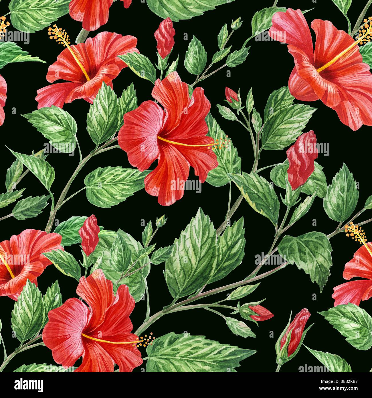 Fleurs d'hibiscus rouge, branches et feuilles dans un beau motif aquarelle sans couture. Plante de floraison tropicale dessinée à la main pour papier peint et textile Banque D'Images