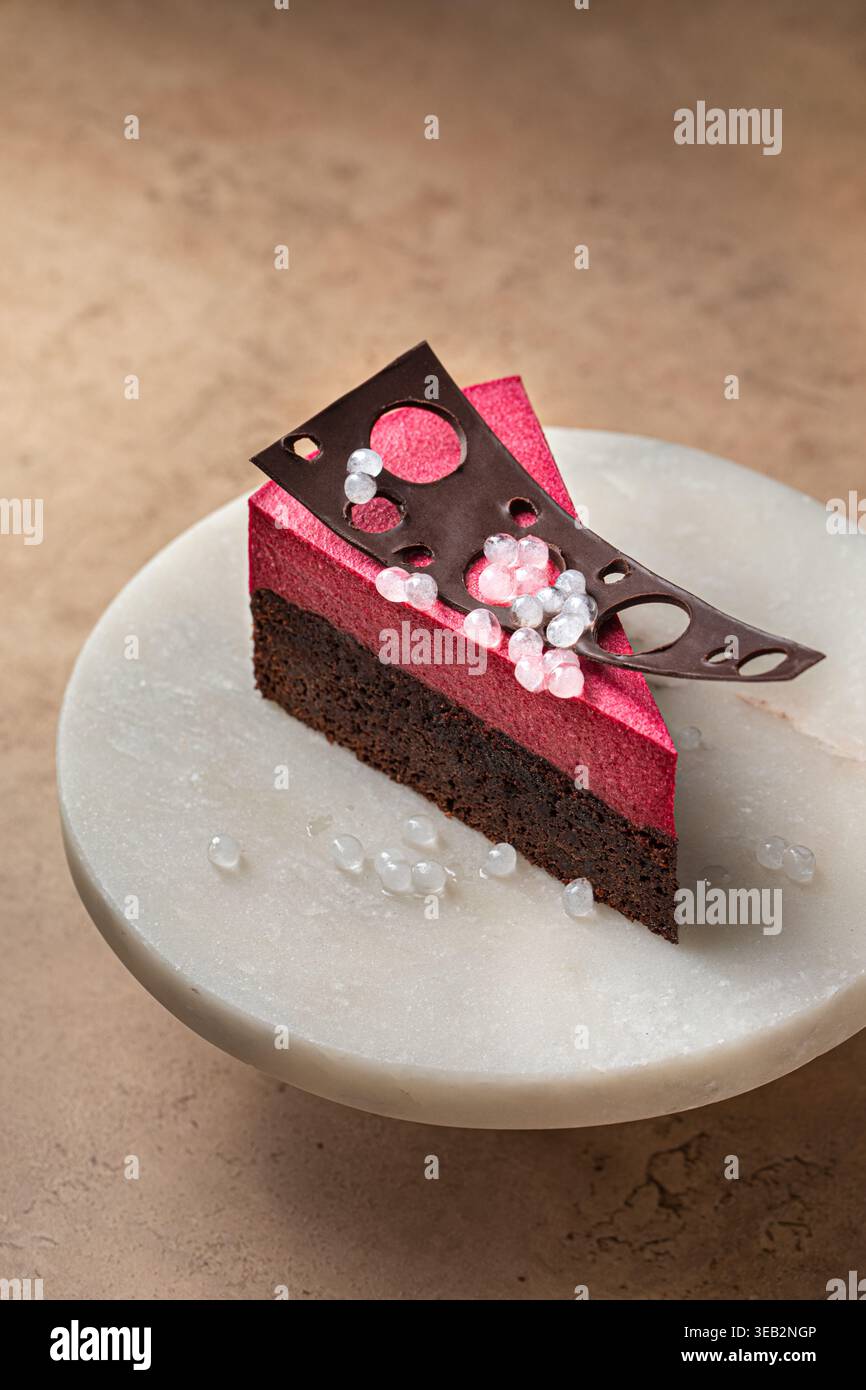 Tranche de gâteau au chocolat avec garniture de mousse de baies Banque D'Images