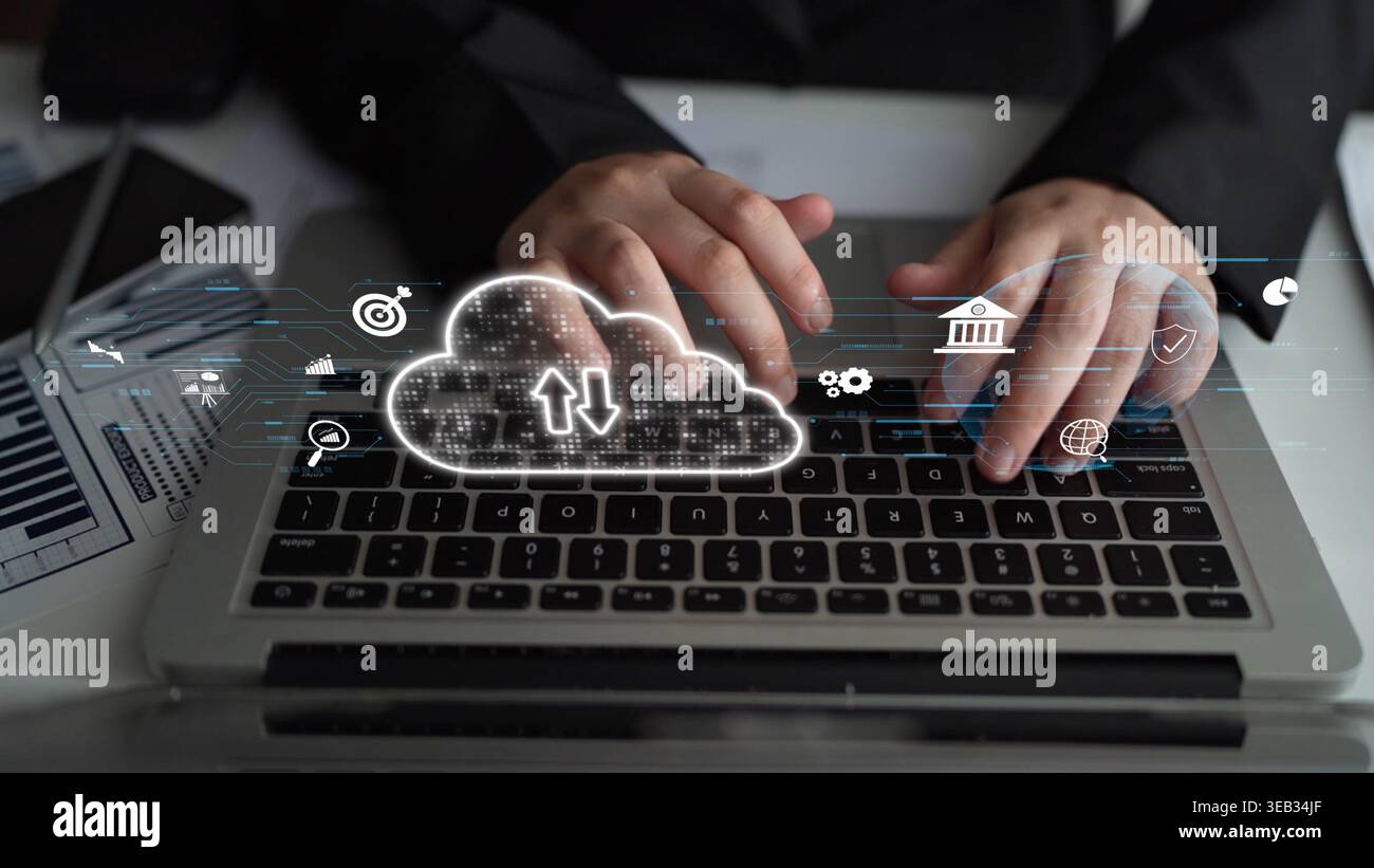 Cloud Computing, stratégie Cloud et technologie Cloud transformant l'infrastructure numérique avec des services évolutifs, un stockage sécurisé des données et des solutions basées sur le Cloud Banque D'Images