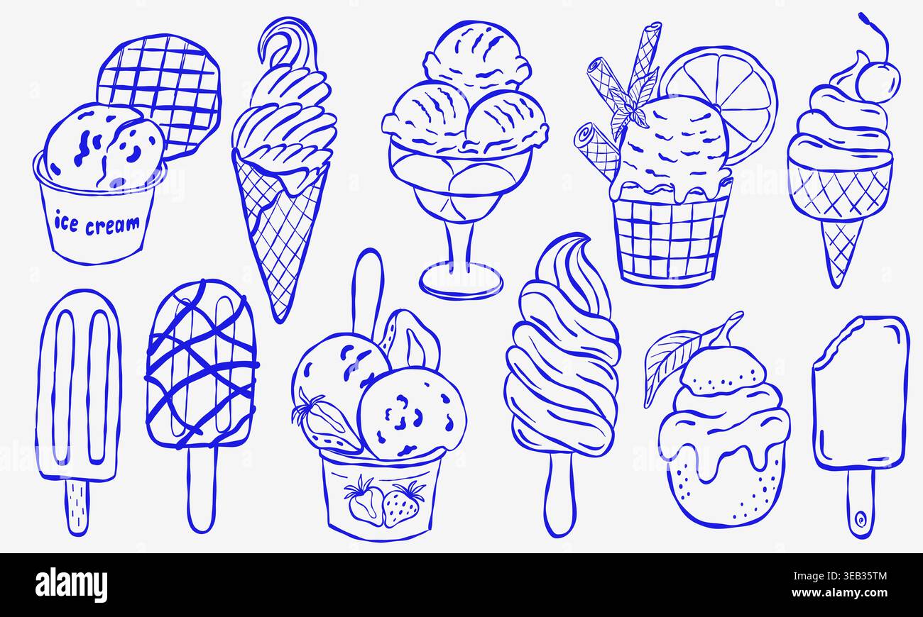 Doodle d'encre bleue de friandises de crème glacée assorties sur fond clair. Comprend des cônes, des sundaes, des popsicles et des gaufres. Style sketchy parfait pour summ Illustration de Vecteur