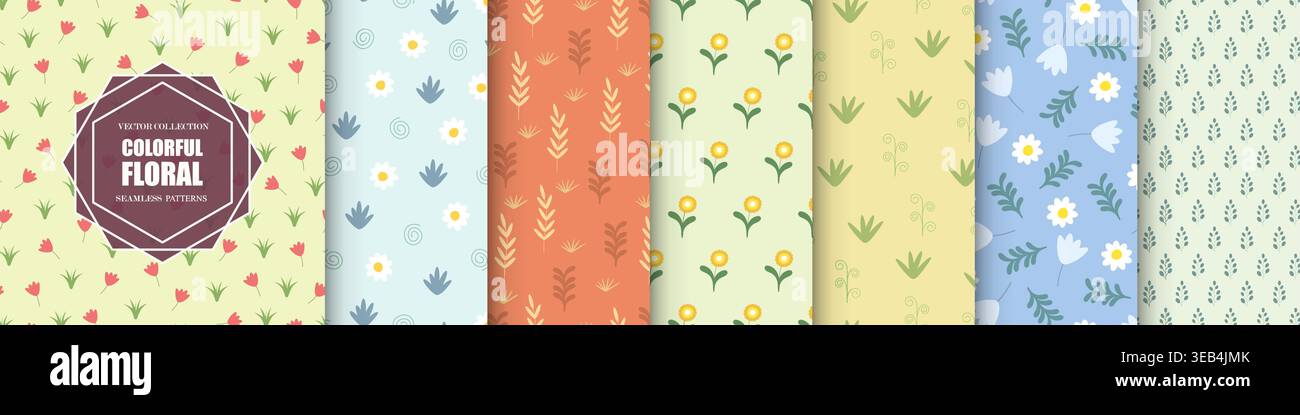 Collection de motifs floraux vintage couleur mignons sans couture - conception délicate dessinée à la main. Arrière-plans lumineux reproductibles avec des branches de dessin et Illustration de Vecteur