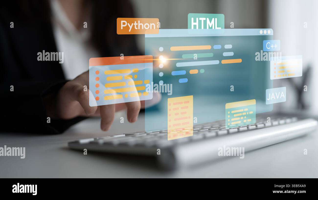 Le développement de logiciels combine des outils de codage, la création d'applications mobiles et des langages de programmation pour offrir des solutions de produits numériques innovantes. Loquet Banque D'Images