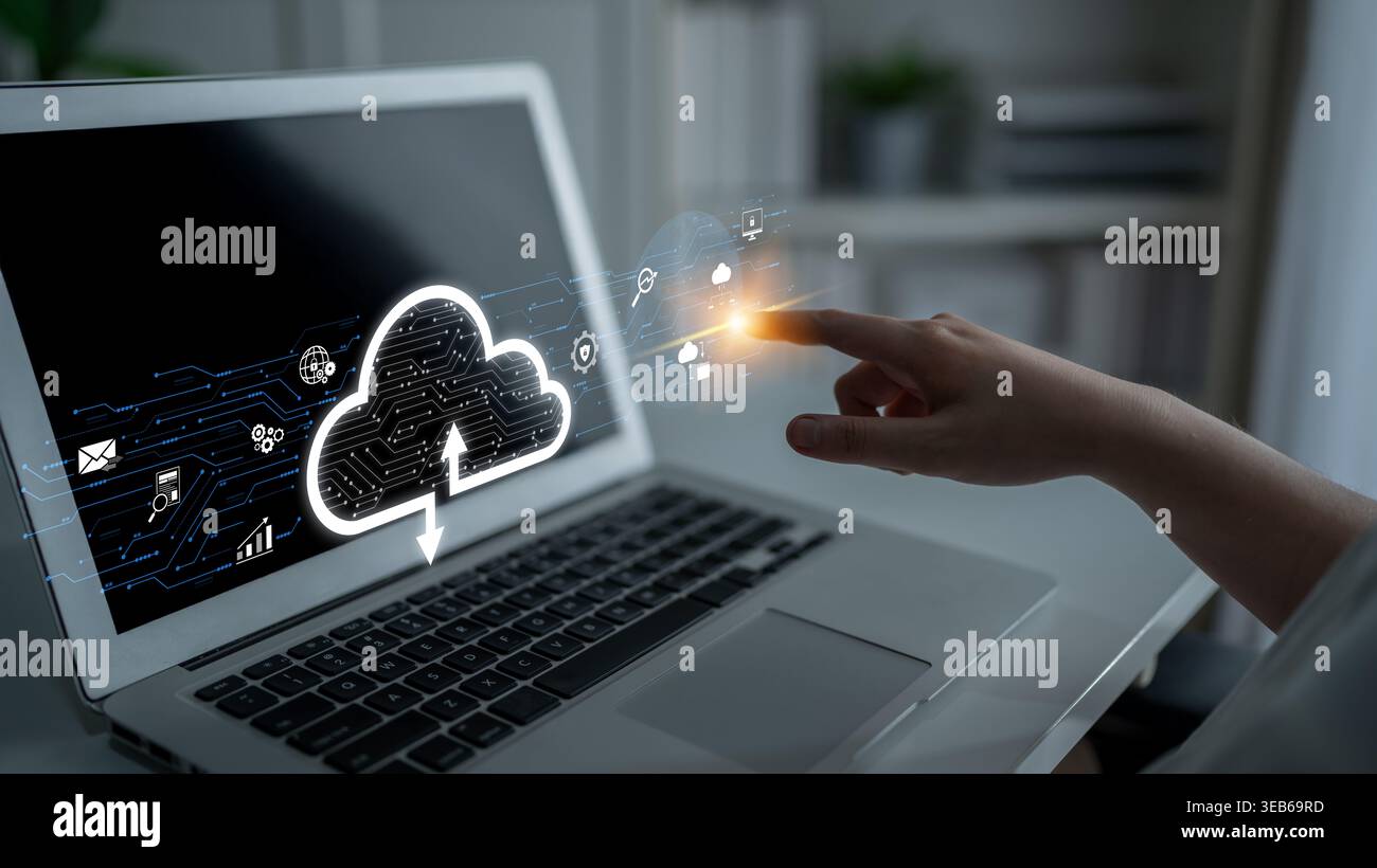 Le cloud computing favorise la croissance numérique grâce à un stockage de données sécurisé, une infrastructure évolutive et des solutions stratégiques basées sur le cloud. Loquet Banque D'Images