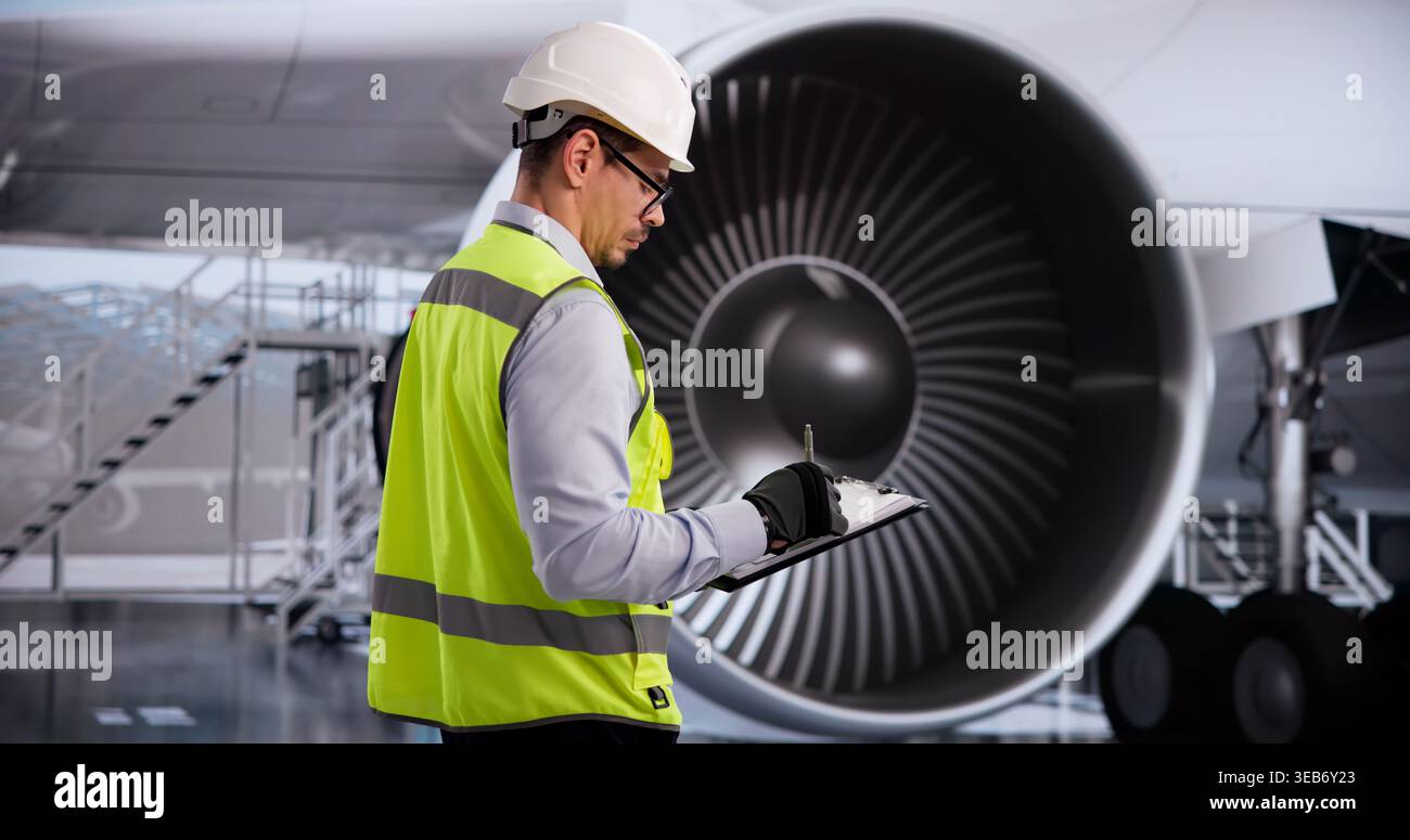 Un technicien portant un casque de sécurité effectue une inspection minutieuse du moteur à réaction à bord de l'avion pendant la maintenance à l'aéroport Banque D'Images