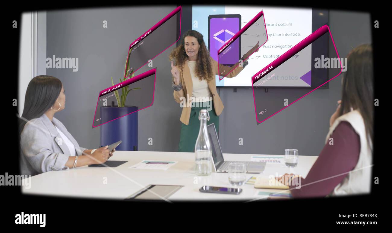 Présentant femme faisant des gestes et parlant dans la salle de conférence en blazer beige, avec affichage AR violet Banque D'Images