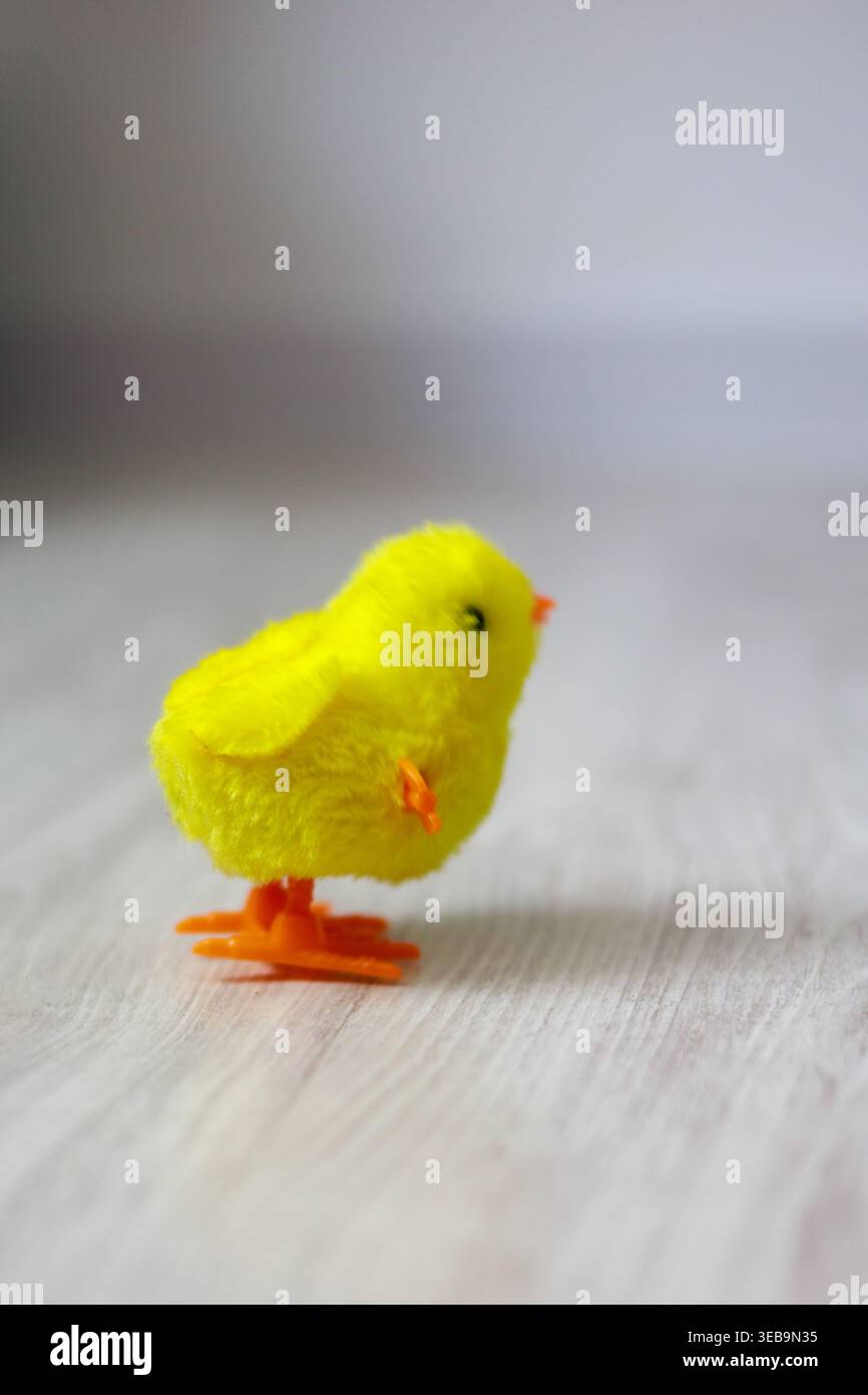 Petit jouet Chick Wind-Up jaune sur plancher en bois Banque D'Images