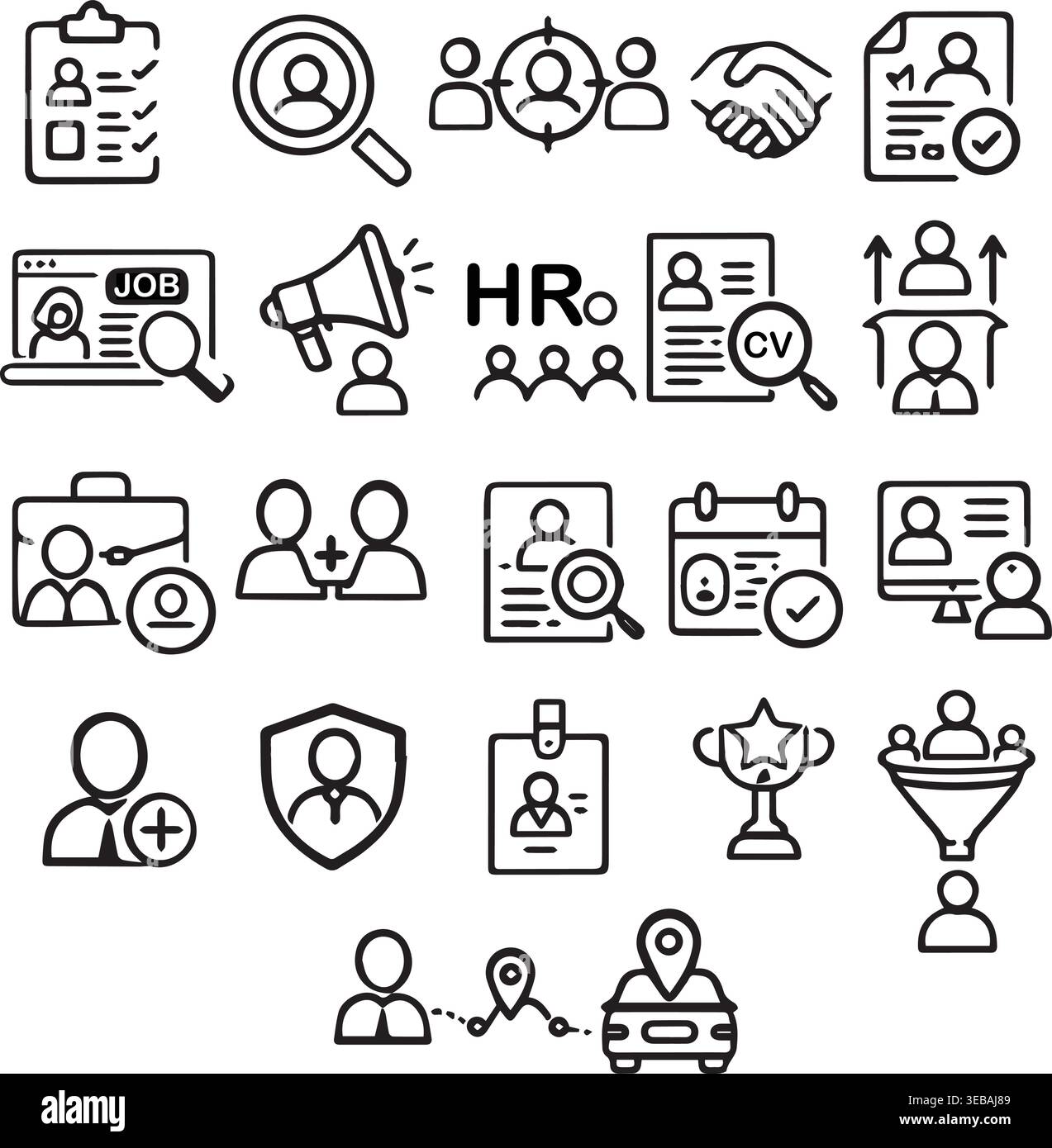 Les icônes ressources humaines et recrutement définissent les contours avec loupe ressources du tableau d'emploi recrutement candidat employé. Illustration de Vecteur