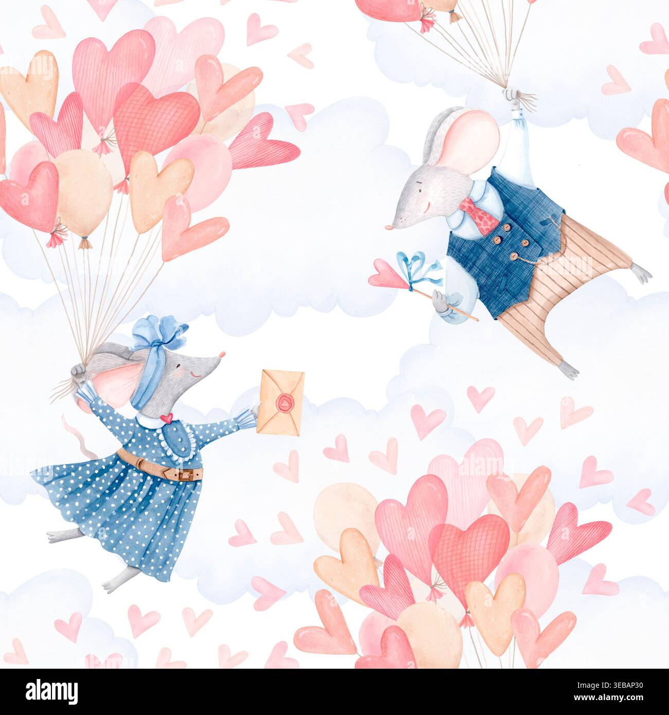 Motif aquarelle valentine sans couture avec des souris mignonnes et des ballons de coeur. Fond d'illustration de ciel romantique dessiné à la main Banque D'Images