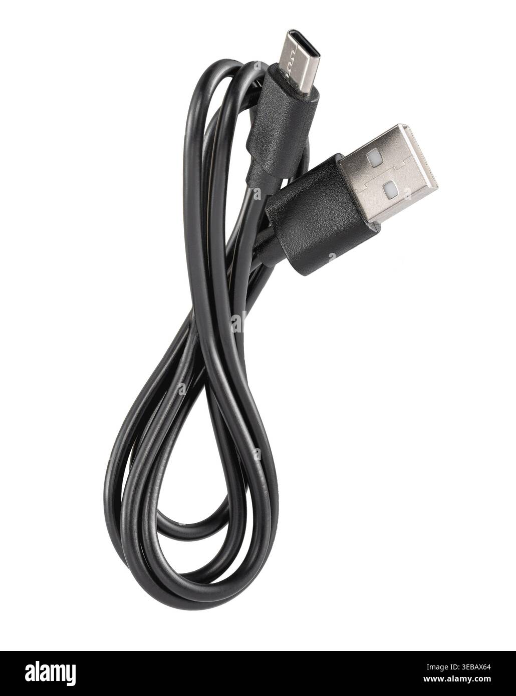 Une photo macro détaillée d'un connecteur de câble USB type-C noir avec des broches métalliques argentées, isolé sur un fond blanc Banque D'Images