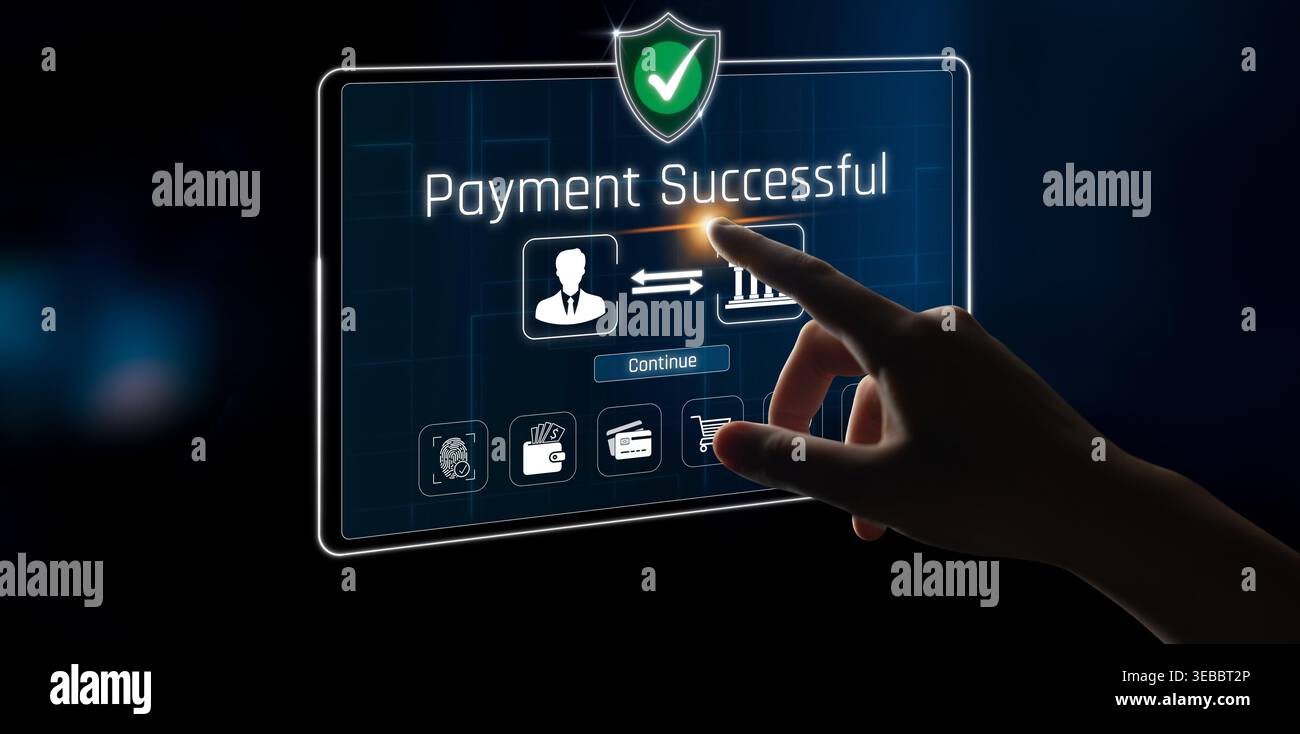 Confirmation de paiement numérique avec écran de transaction réussie et geste tactile sur un sigmoïde d'interface tactile moderne Banque D'Images